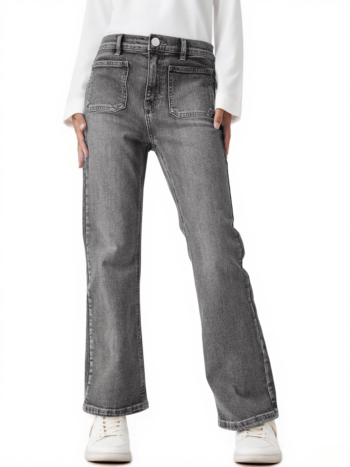 Haloumoning Jeans de cintura alta para niñas, pierna recta, elásticos, pantalones casuales con bolsillos