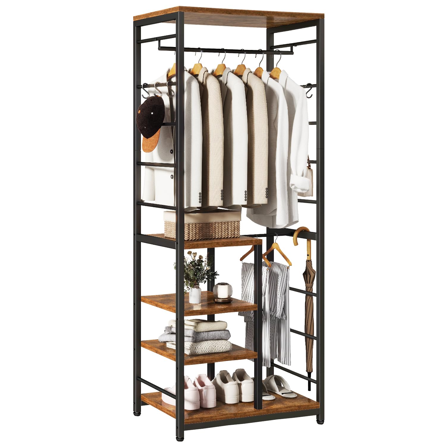 IBUYKE Portemanteau autonome avec 4 Roulettes Pivotantes à 360°, avec étagères et crochets, porte-manteau industriel pour entrée, couloir, chambre à coucher, Marron Rustique TMJ089H