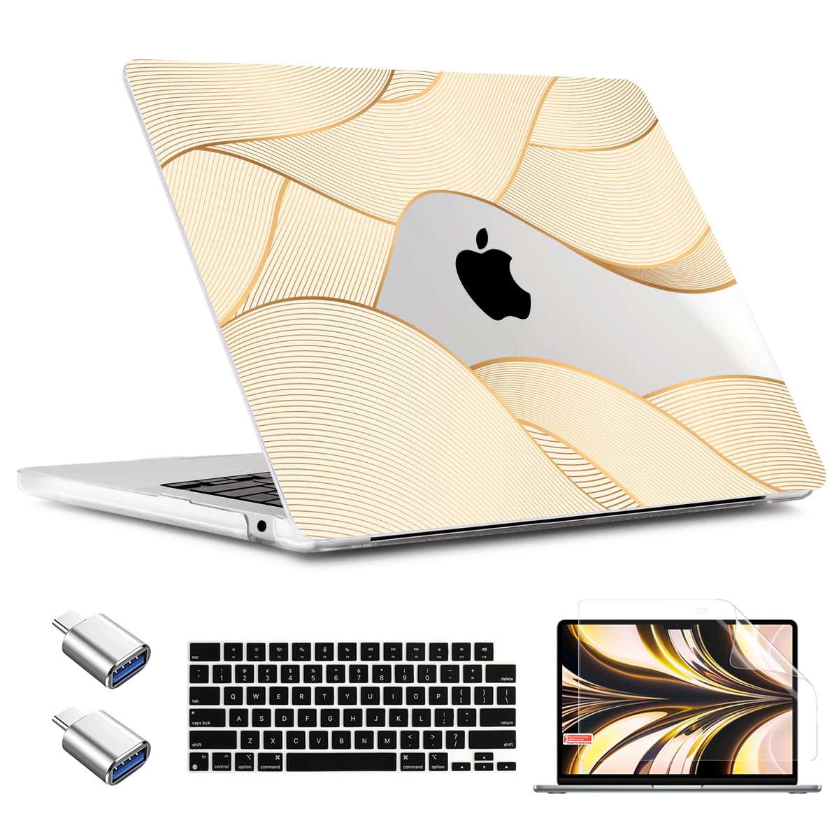 for MacBook Air 15 inch Case 2023 Newly Release Model A2941 with M2 Chip, Hard Shell Cover & Keyboard Cover & Screen Protector & OTG Adapter for MacBook Air 15.3", Gold Line2
