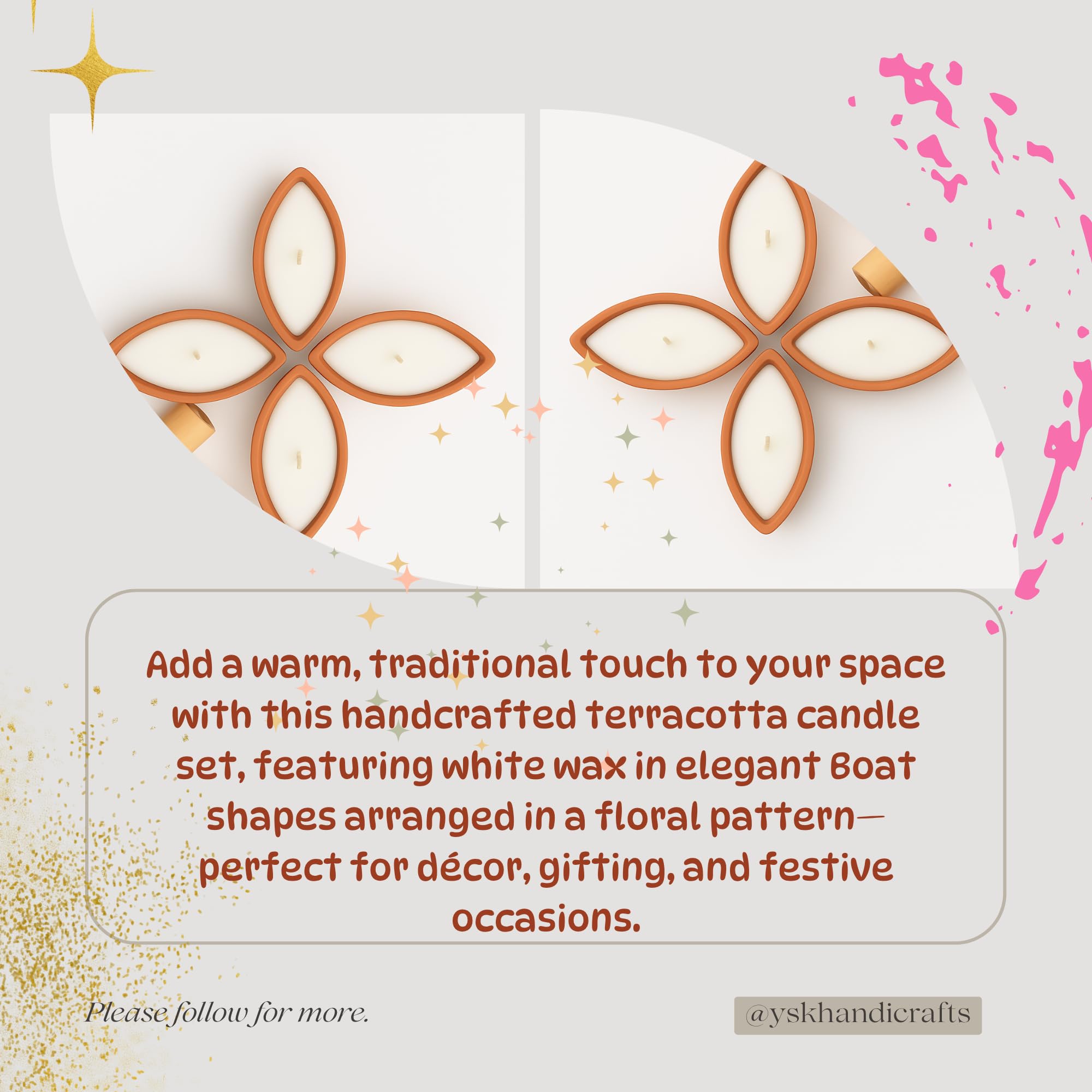 RDK Handcrafted Terracotta Boat-Shaped Candle Set with Wax – Elegant Floral Design Diya for Home Décor, Festive Lighting, Meditation & Gifting – Eco-Friendly Traditional Decorative Candles (White) 1