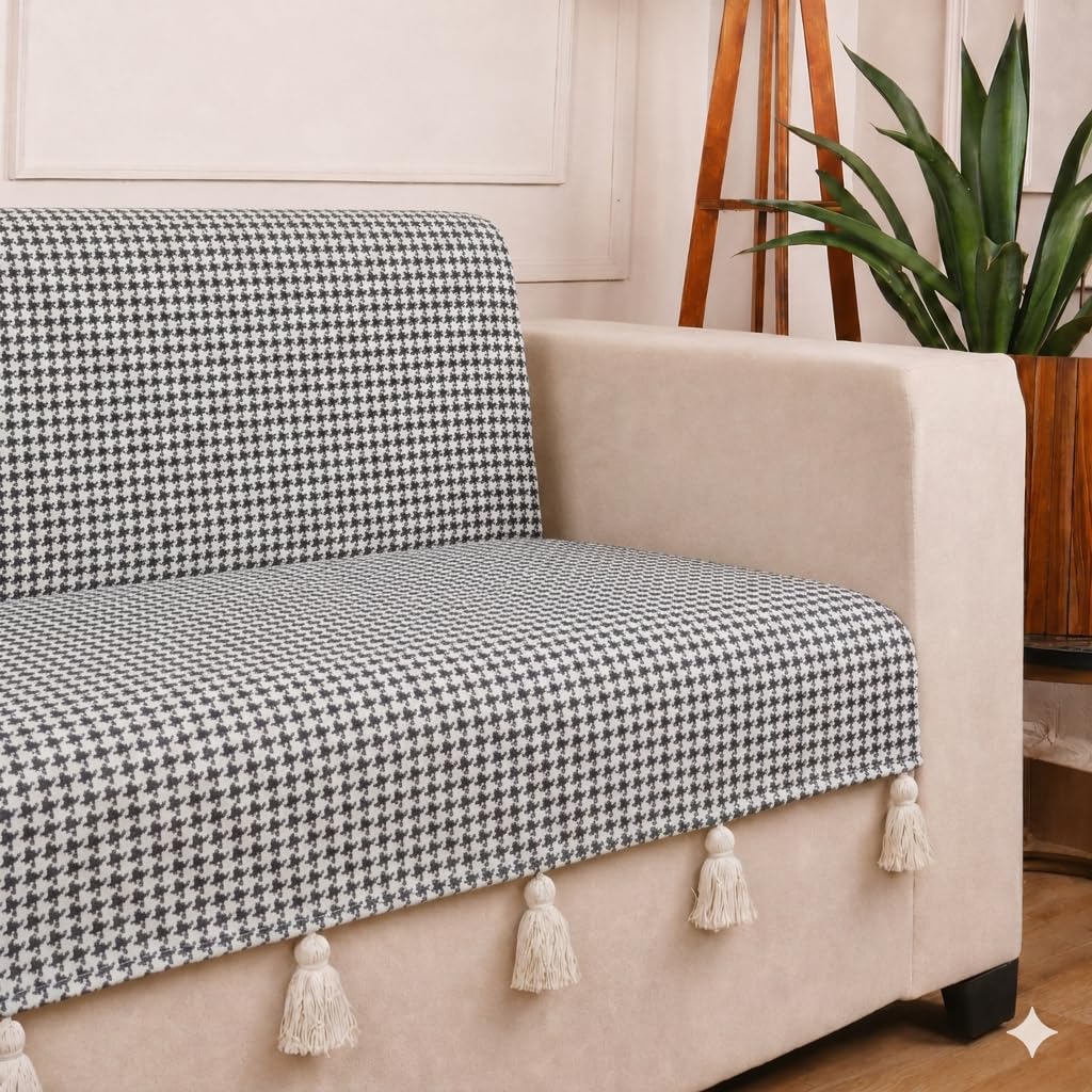 STITCHNEST 'Nomad Weave Collection' 2 Seater Sofa Cover – Full Coverage| Elegant Jacquard Fabric, Decorative Tassels, Washable & Durable for Modern Living