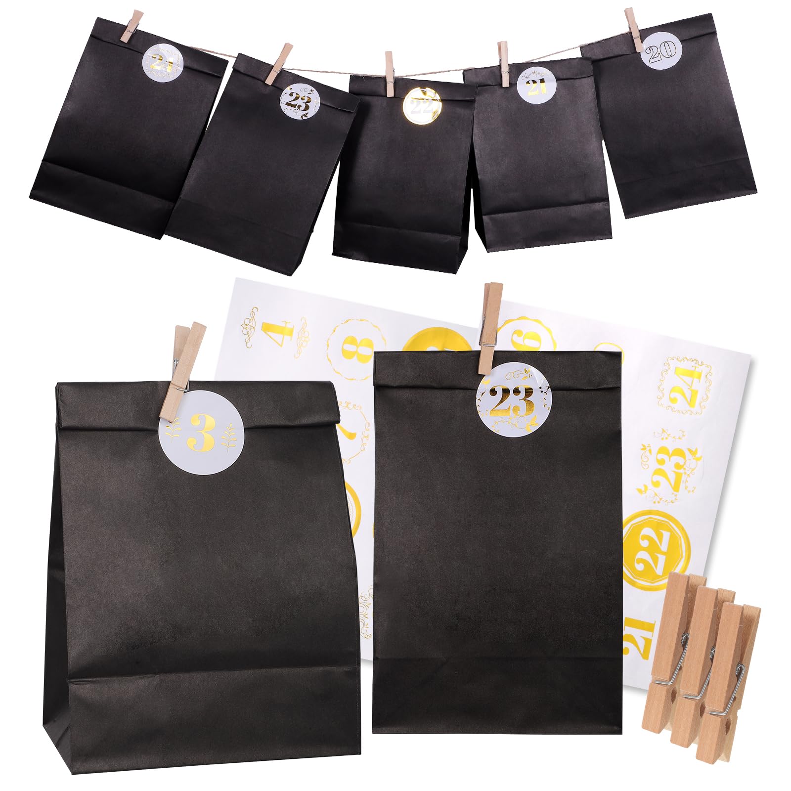 Kit Calendrier De L'Avent DIY - 24 Sachets Noirs (18x22x6cm) Avec Autocollants Dorés, Pinces Et Ficelle - Calendrier De Noël Personnalisable à Remplir - 4