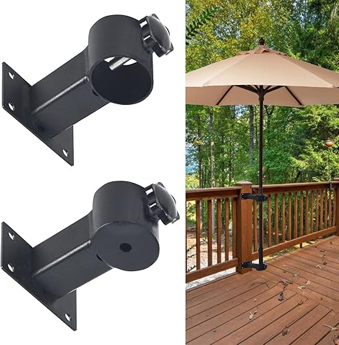 Patio Umbrella Holder Heavy Duty Adjustable Metal Umbrella Clamp Stand Mount Attaches to Railing, Outdoor Courtyard, Balcony, Boats, 2 Pack Black