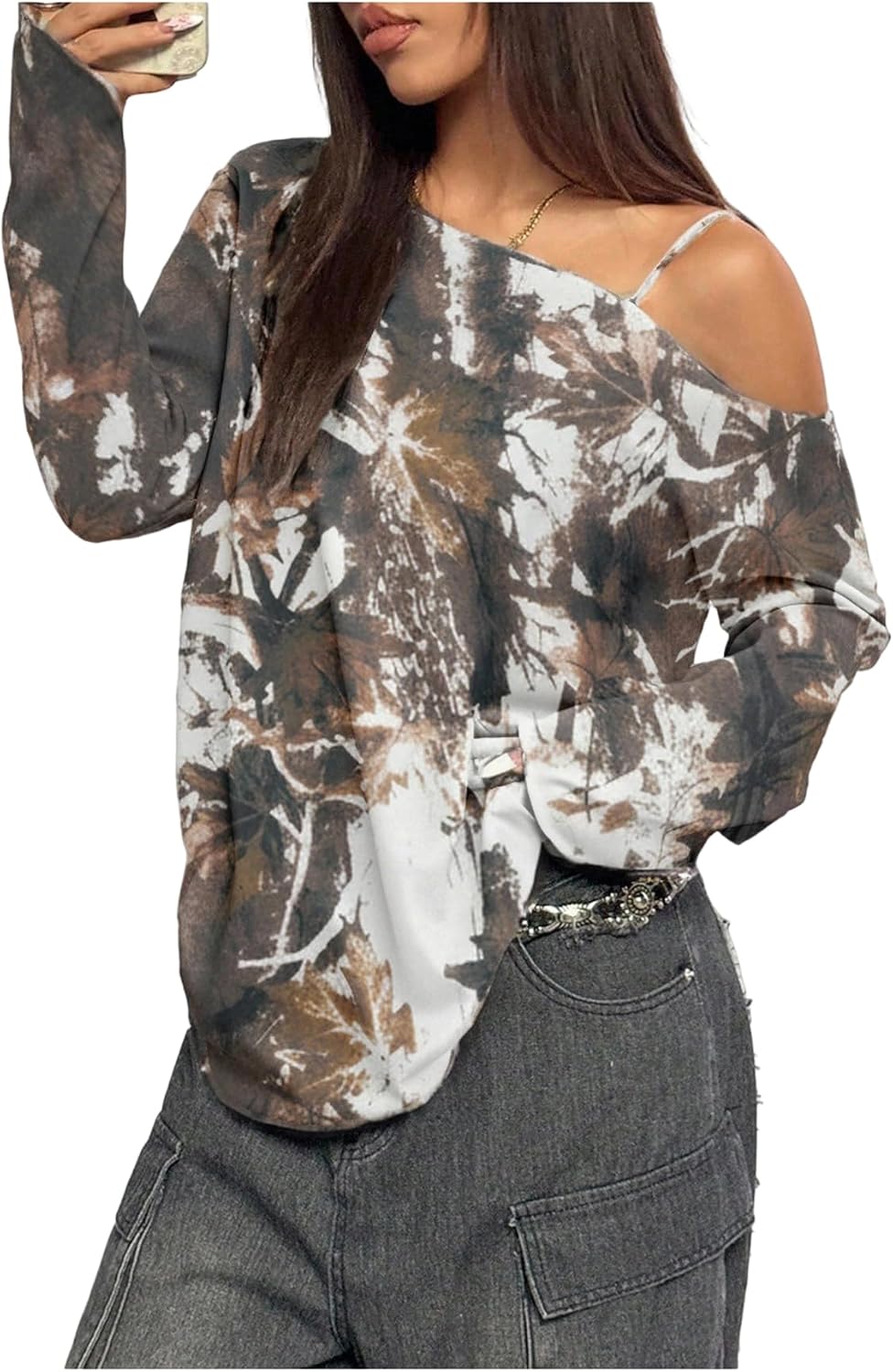 SOLY HUX Women's Camo T-Shirts Long Sleeve Cold Shoulder Loose Tee Shirts Vintage Streetwear