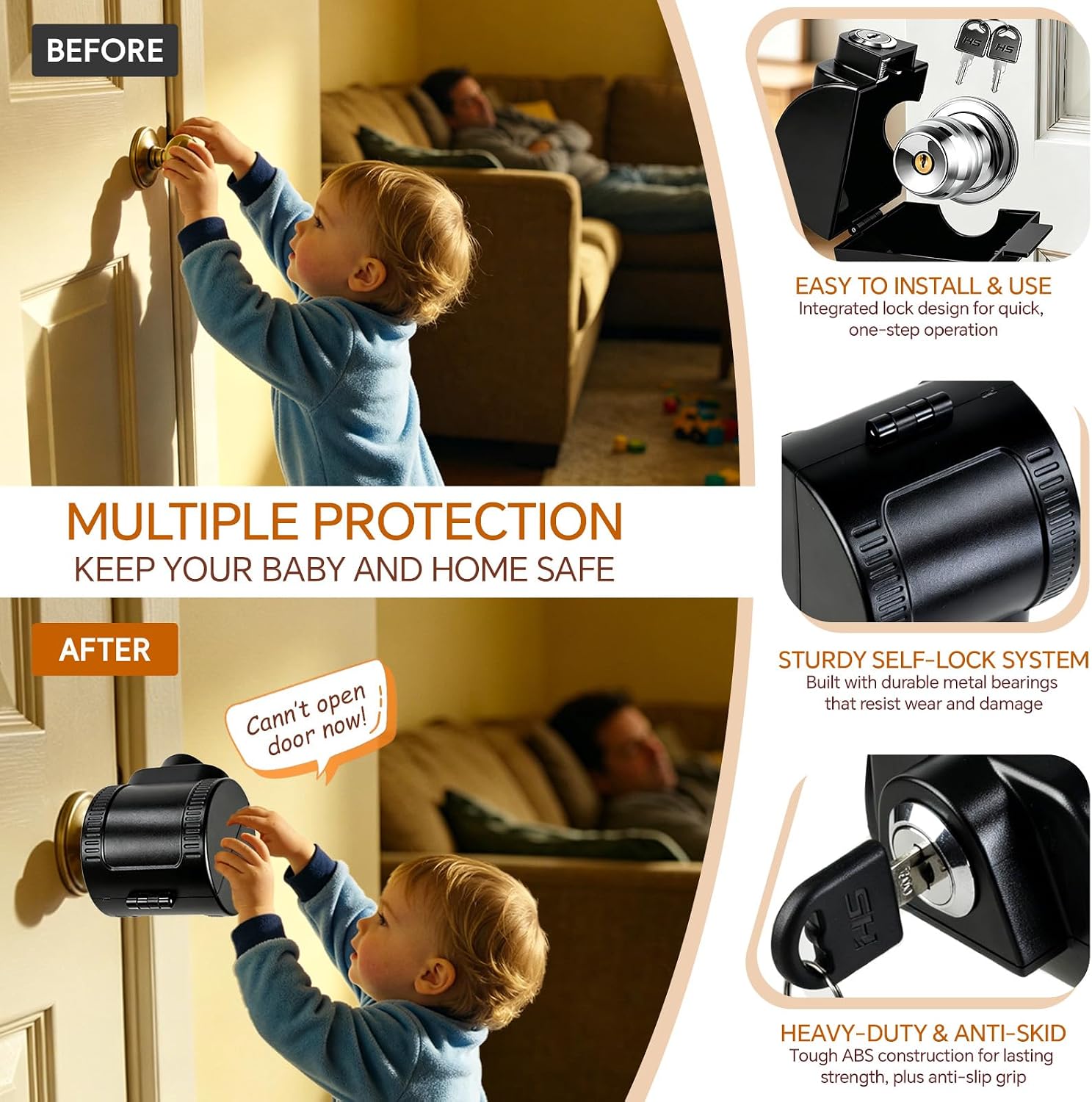 Door Knob Lock-Out Device – Autism Proof Door Locks Cover Black 1pc
