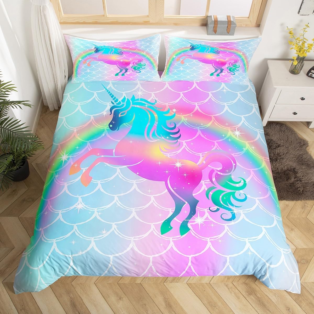 Feelyou Glitter Duvet Cover Queen Size Unicorn Bedding Set Cute Rainbow Comforter Cover Glitter Bedspread Floral Printed Colorful Bedclothes Zipper