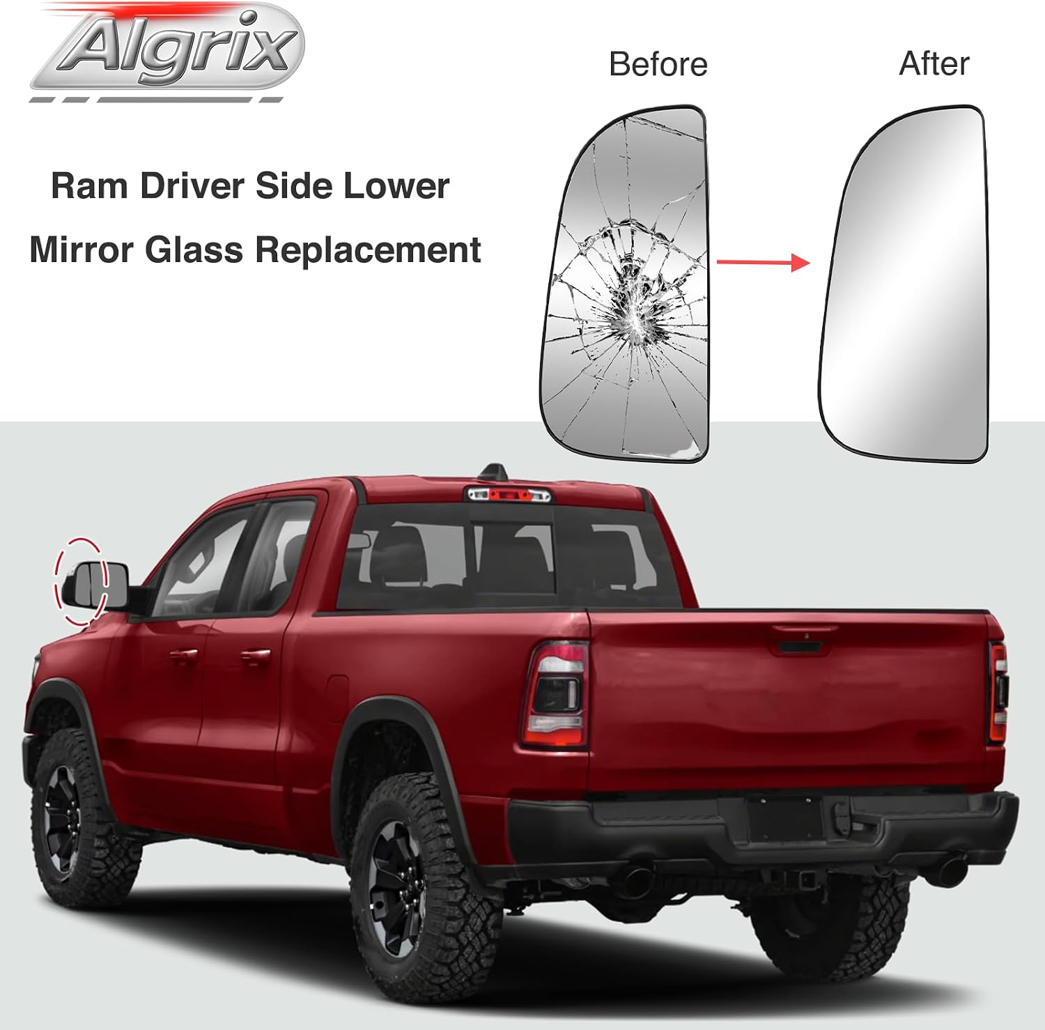 Driver Side Mirror Glass Replacement for 2010-2020 Dodge Ram 1500 2500 3500 4500 5500, Left Towing Mirrors Convex Chromed Glass with Rear Mounting Backplate, 68067731AA