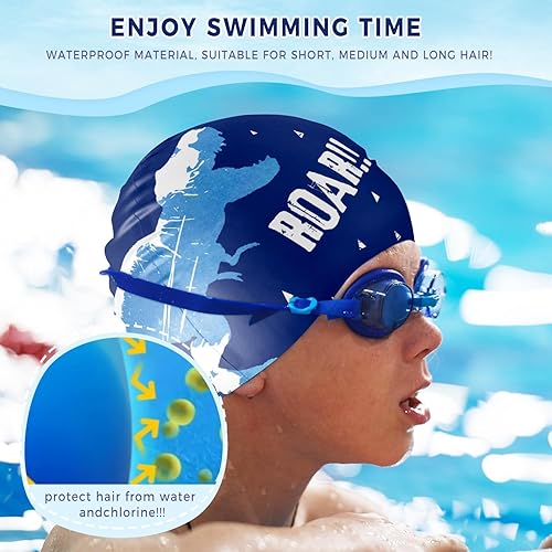 Miniatura 5 de Gorros de natación de dinosaurio para niños, niños y niñas, diseño divertido impermeable para niños, gorro de natación para niños, impermeable,