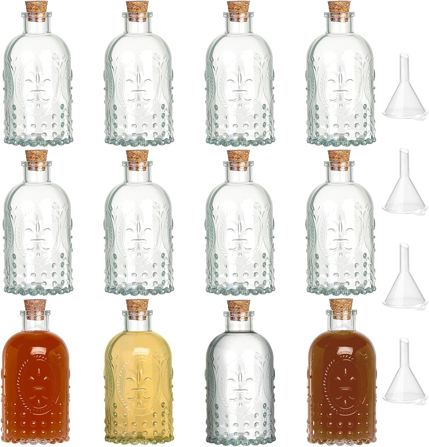 12 pack 6oz glass bottles with cork stoppers, 200ml clear vintage glass bottles with smooth flat base, small refillable jars for whiskey, wine, oil, vinegar, kombucha, wedding favors & crafts
