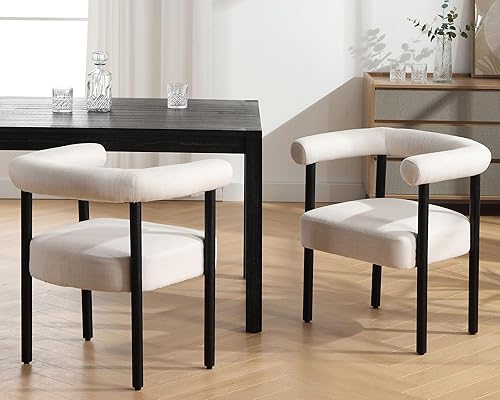 Miniatura 8 de VESCASA Sillas de comedor tapizadas con patas de madera negra, sillas de comedor modernas de lino de mediados de siglo con respaldo abierto