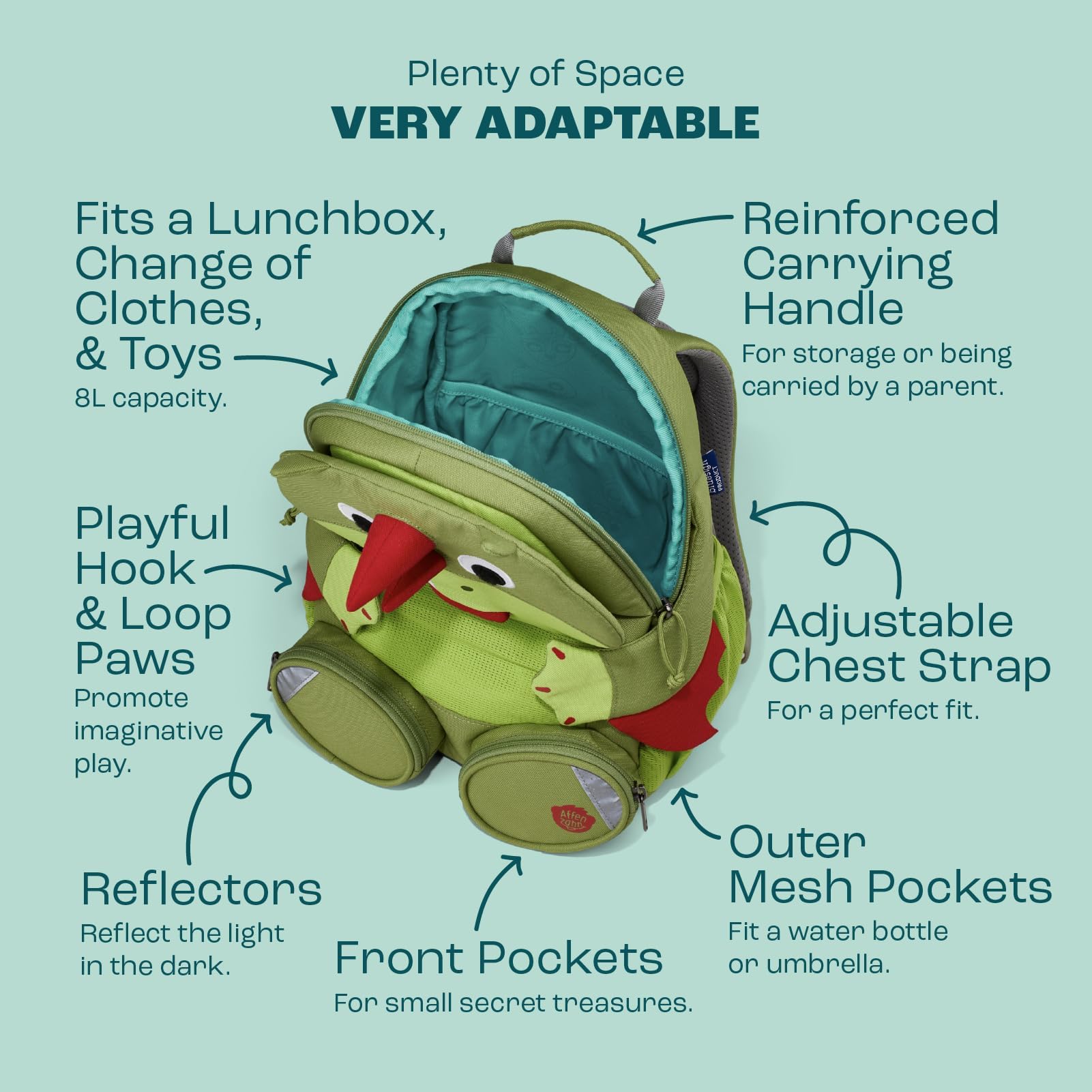Affenzahn Amigo grande mochila infantil sostenible 3-5 años guardería 8L funcional y divertida Dragón - Verde