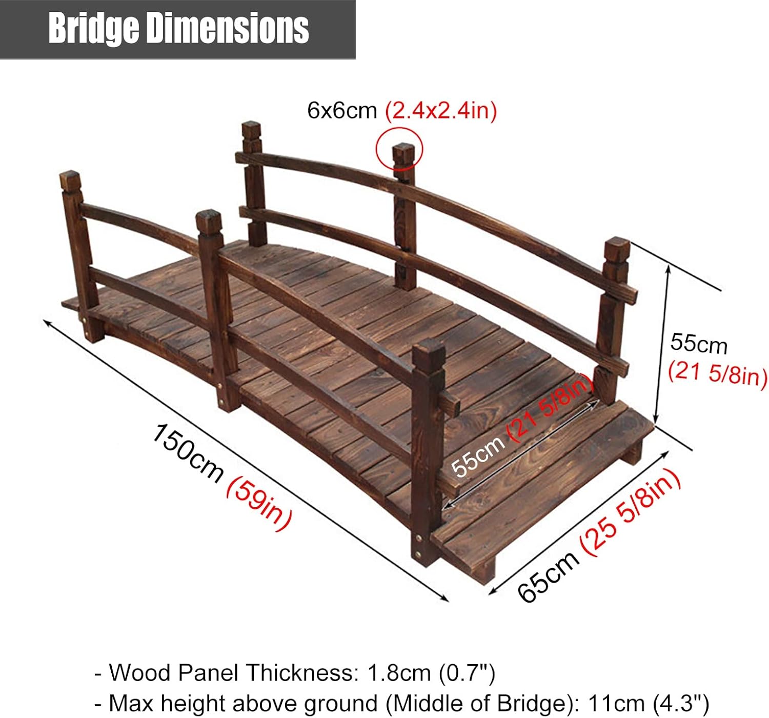 Outdoor Yard Wooden Bridge Decorative Wooden Garden Bridge, Sturdy Solid Wood Footbridges for Outdoors, 140/ 150cm Long Pond Bridge with Rails, Perfect for Backyard Lawn Stream ( Size : 1.5m/59'' Long