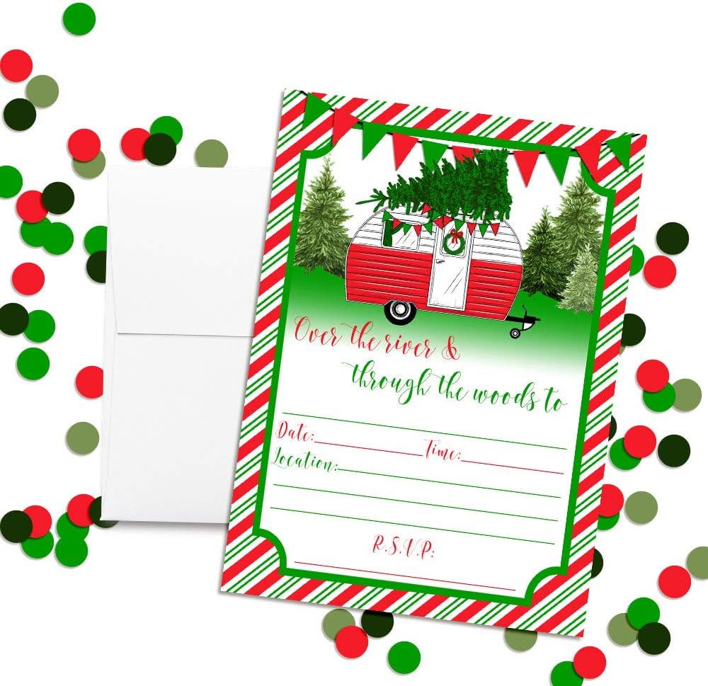 Christmas Camper with Evergreen Trees Holiday Party Invitations, 20 5"x7" Fill In Cards with Twenty White Envelopes by AmandaCreation