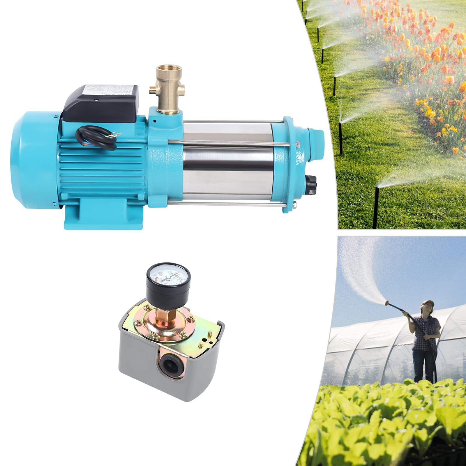 Pompe centrifuge 1300 W 9,8 bar 4000 l/h - Pompe de jardin avec interrupteur de pression et manomètre - Pompe à eau domestique pour arrosage agricole, étang, etc