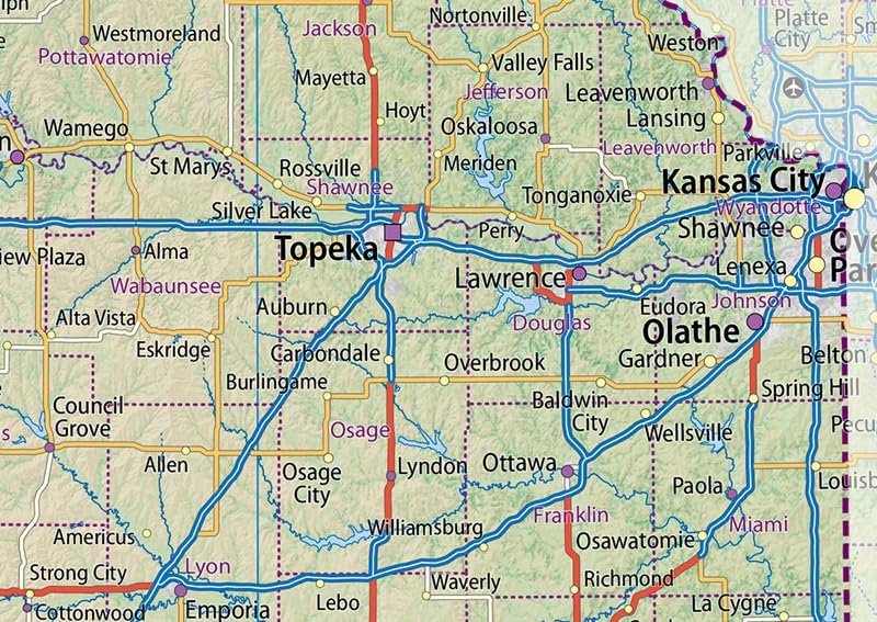 Kansas State Physical Map - 16.5 x 27.5 Inches - Paper Laminated
