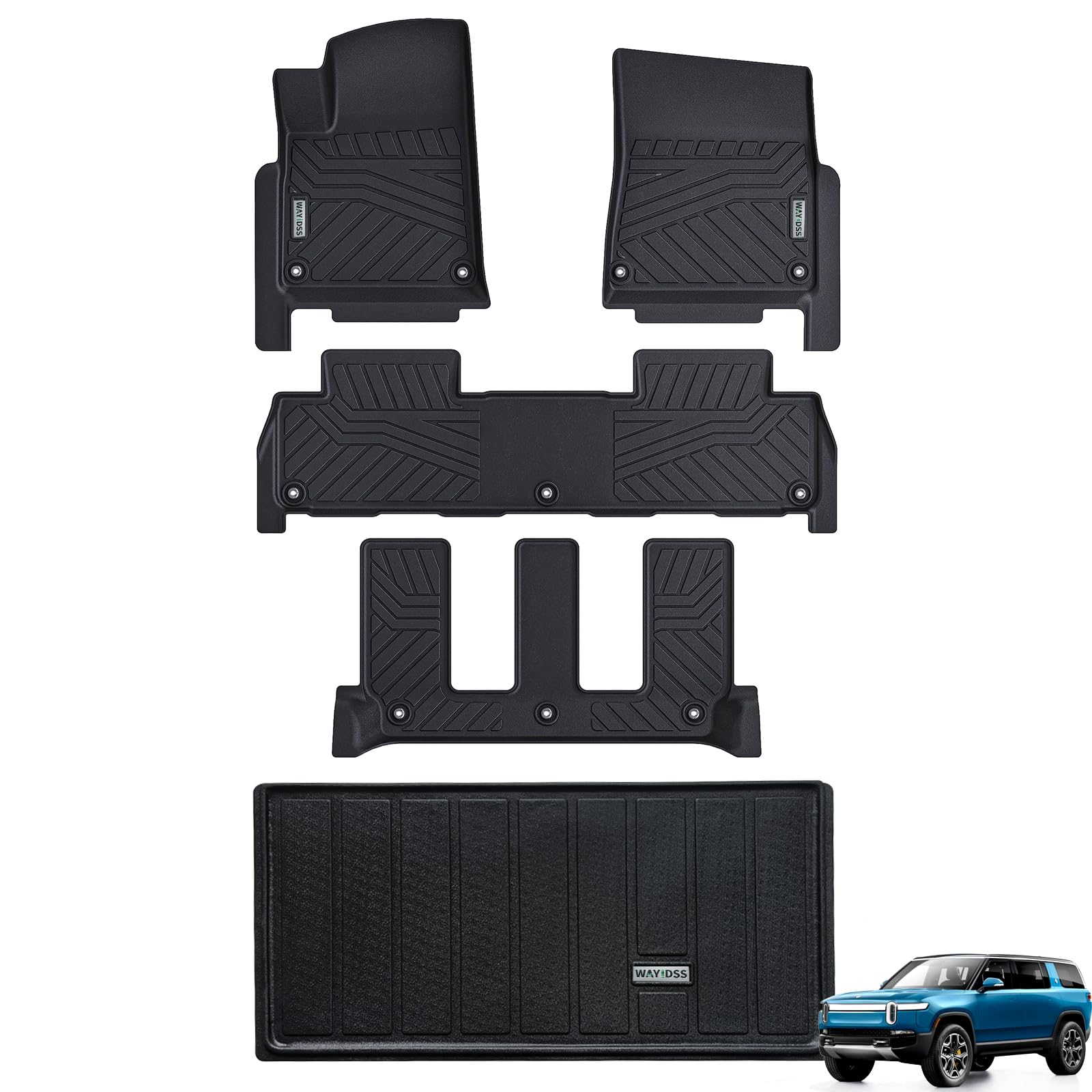 Photo 1 of WAYIDSS Floor Mats&Trunk Mat for Rivian R1S 2022 2023 2024, 1st & 2nd & 3rd Rows Full Set with Cargo Liner,TPE All Weather Protection Car Floor Liners-Black