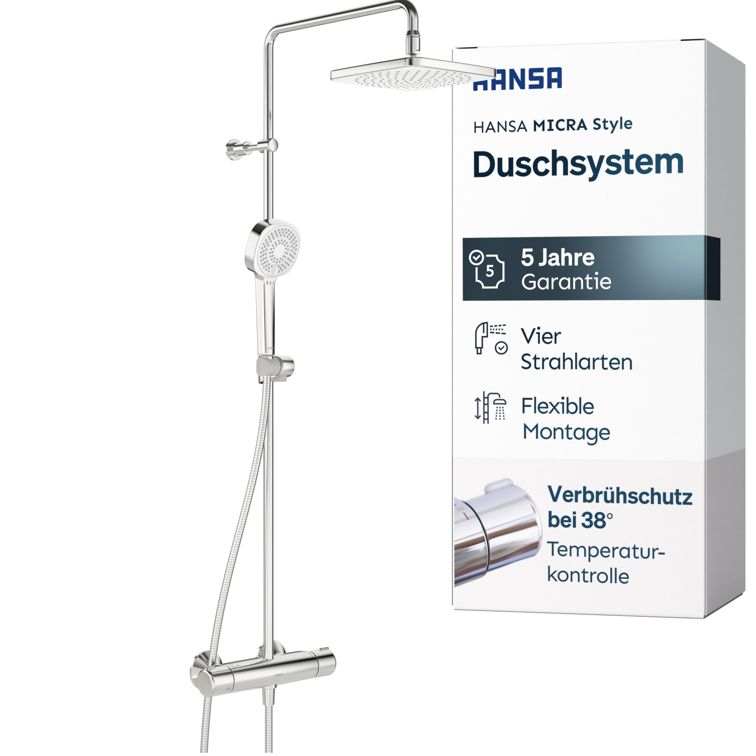 HANSA MICRA Style Duschsystem | Duscharmatur Komplettset für Bademischnasen und -hant | Kopfbrause & Handbrause dreistra
