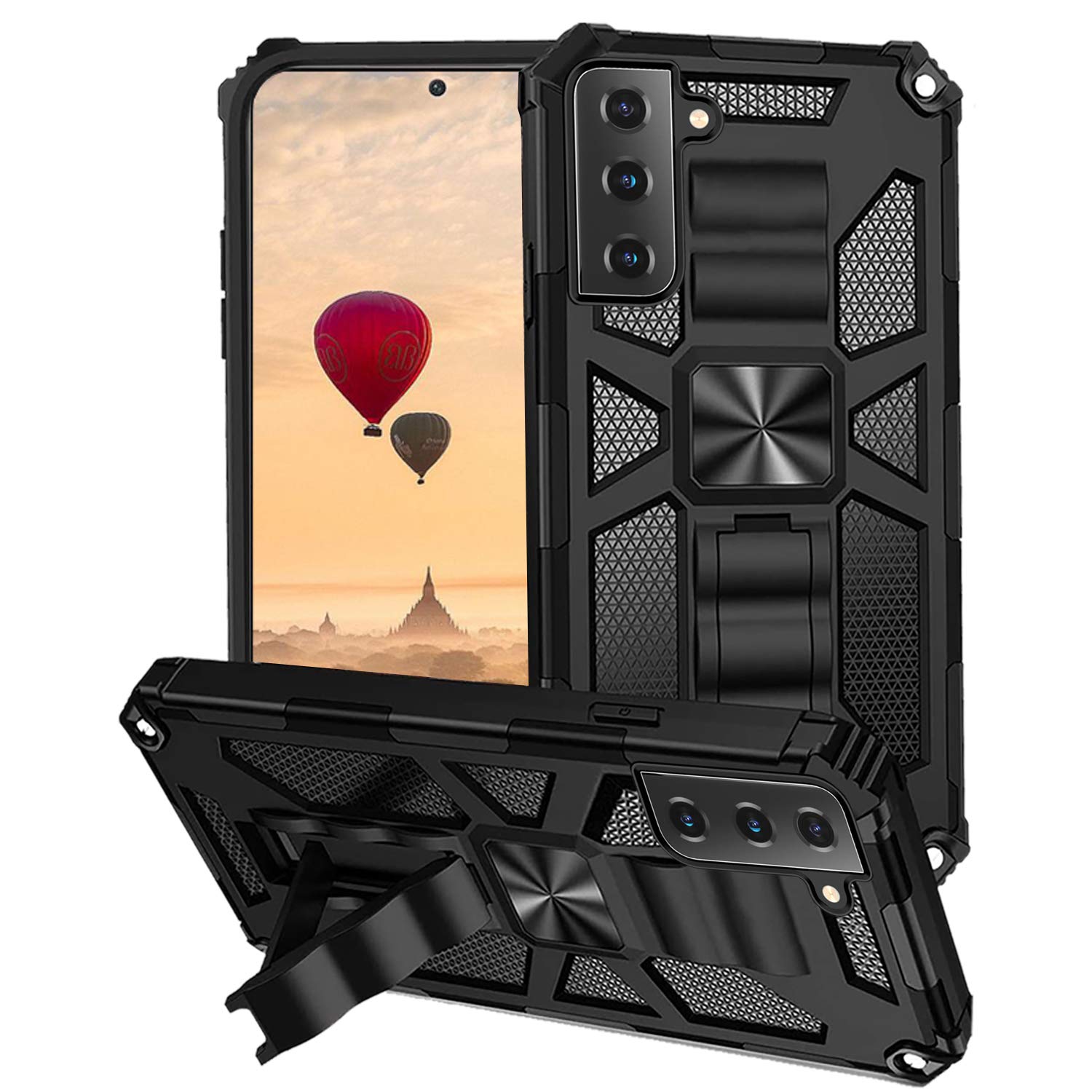 for Galaxy S21 5G Phone Case with Built Magnetic Kickstand Rugged Durable Dual Layers Hybrid Bumper Shockproof Heavy Duty Milttary Hard Shell Compatible Samsung Galaxy S21 Back Cover -Black