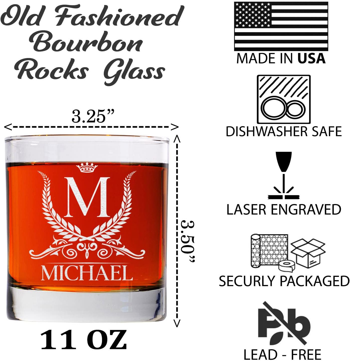 Personalized Engraved Whiskey Glass, Custom Monogram Old Fashioned Rocks Glass 11oz, Christmas Gift for Men, Engraved Bourbon or Scotch Glassess, Made in USA - Image 2