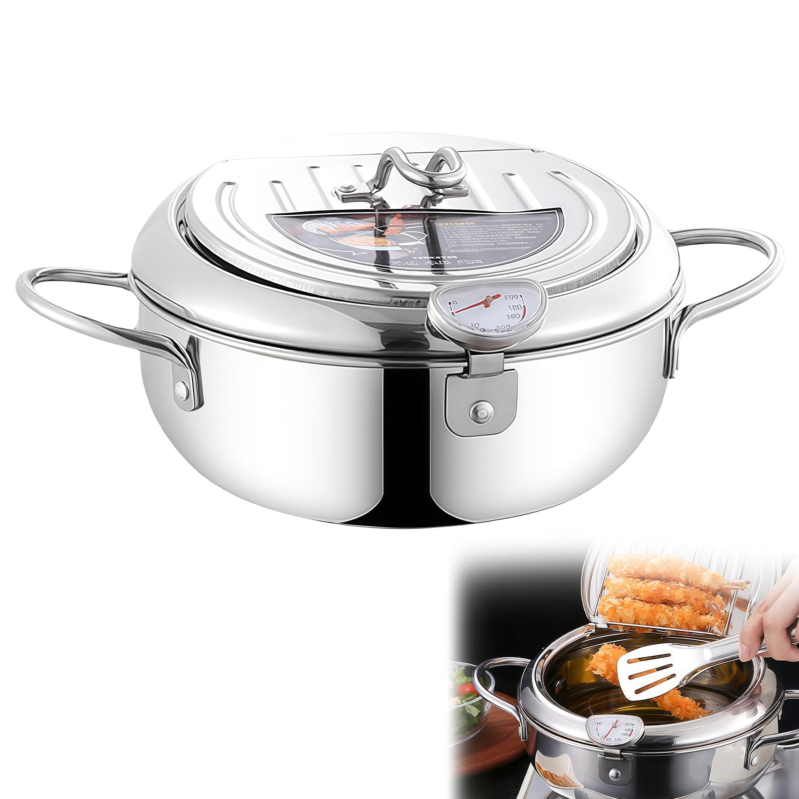 Frittiertopf Im Japanischen Stil: 304 Edelstahl Frittiertopf Mit Sieb, 2,2L Fritteuse Topf mit Thermometer, Spiegelpolierte Oberfläche Tempura Fritteuse für Pommes Frites, Hühnerflügel Und Garnelen