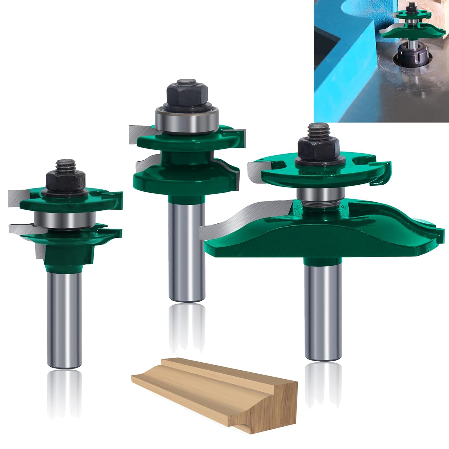 TAIWAIN Router Bit 12Inch Shank Classical Door and Drawer Front Edging, 4PCS Bit Set Woodworking Miter Carbide CNC Cutting Tool for Woodwork, Door Cabinet Matched Rail & Stile Router Bit