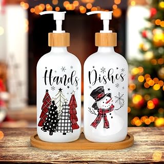 JarThenaAMCS Christmas Soap Dispenser 16 oz Glass Hand Soap Dispenser Set Black White Buffalo Plaid Snowman Xmas Trees Rustic Farmhouse Kitchen Decor for Bathroom and Kitchen Counters, 2 Pack