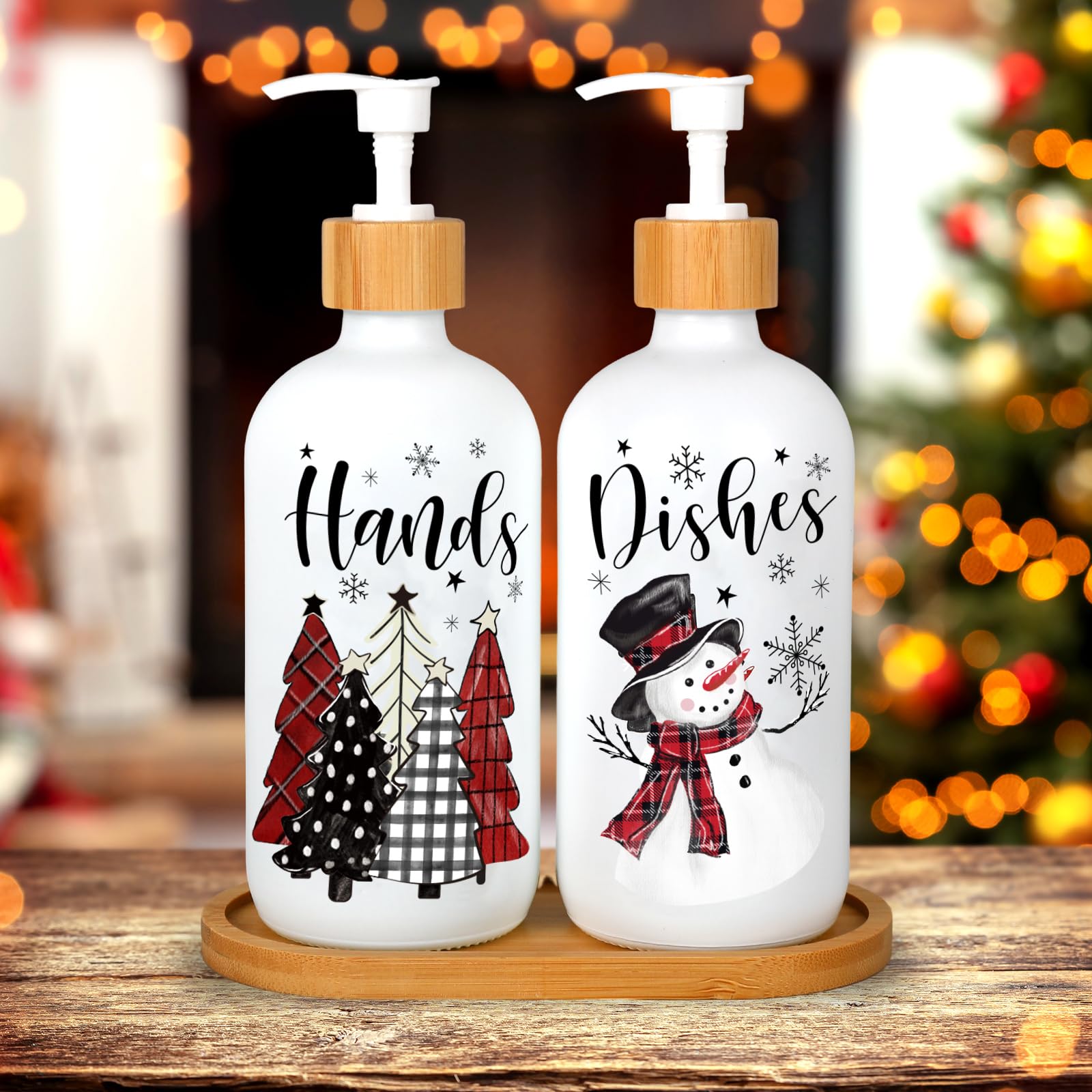 Christmas Soap Dispenser 16 oz Glass Hand Soap Dispenser Set Black White Buffalo Plaid Snowman Xmas Trees Rustic Farmhouse Kitchen Decor for Bathroom and Kitchen Counters, 2 Pack