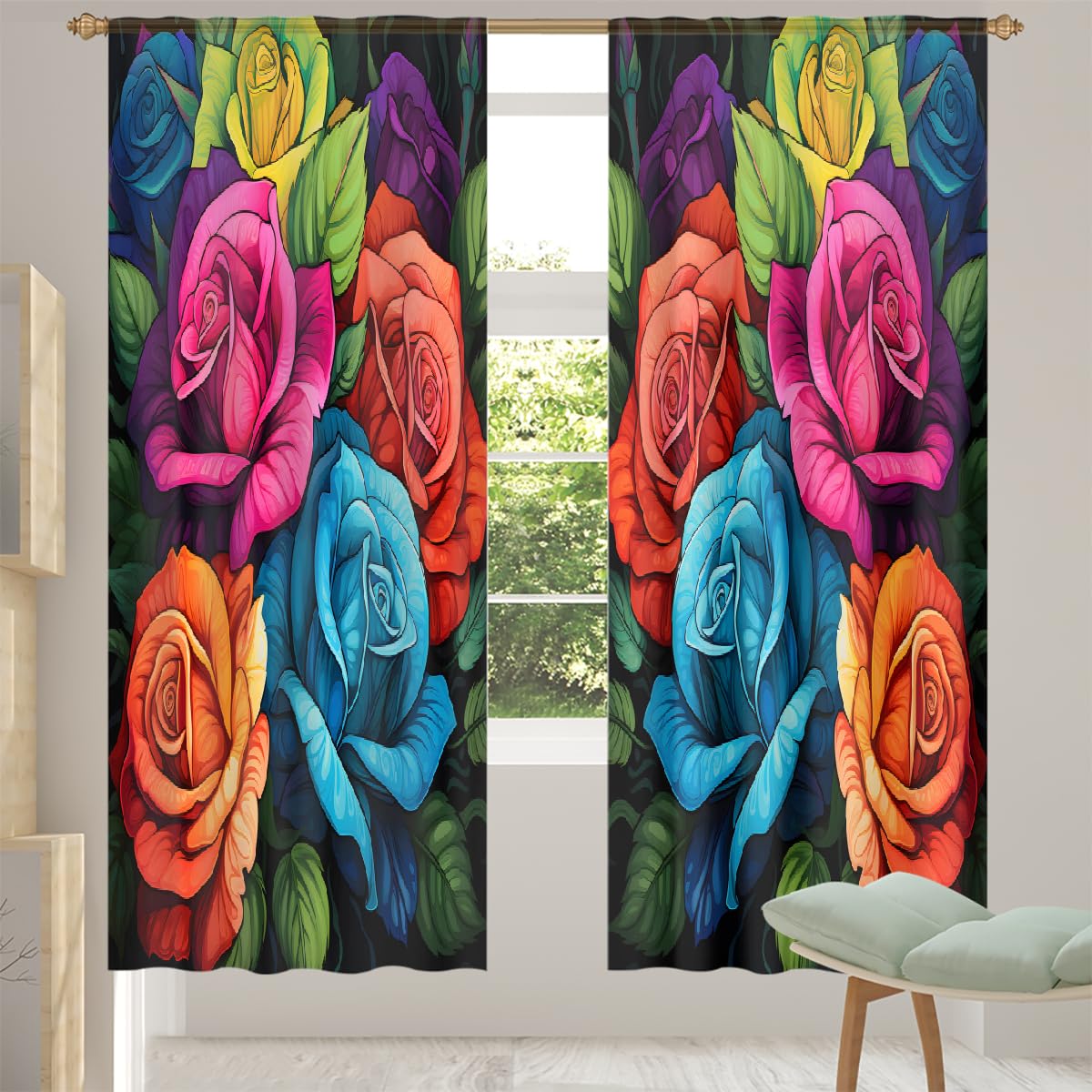 Mexpekil Durchsichtiger Fenstervorhang, bunte Rosen-Blumen, 2 Paneele, Voile-Vorhänge für Wohnzimmer, Schlafzimmer, Büro, Kinderzimmer, Fenstervorhänge, 139,7 x 213,4 cm lang