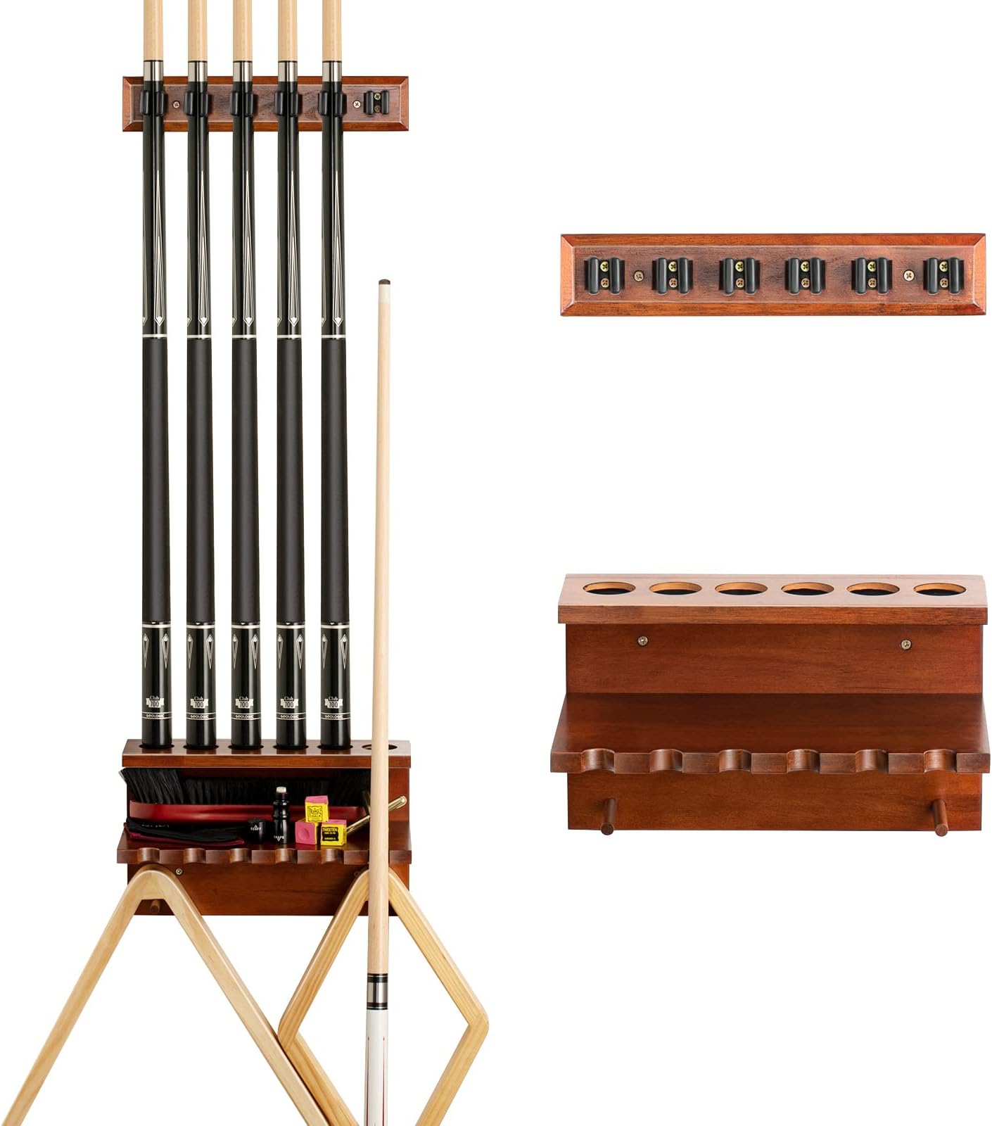 EXTCCT Wall Mount Pool Stick Holder - Billiards Pool Cue Rack Hardwood Pool Cue Set Holder for 6 Cues Sticks Storage Pool Table Accessories Equipment Organizer