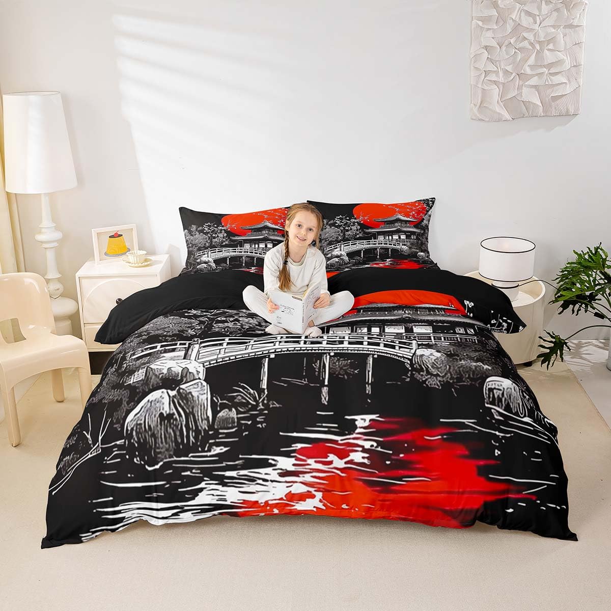 Loussiesd Japanese Ukiyoe Duvet Cover Set King Size For Kids Boys Girls Adults Japanese Style Bedding Set Red Sunset Comforter Cover with 2 Pillowcases Hokusai Pattern Beds Set - Image 2