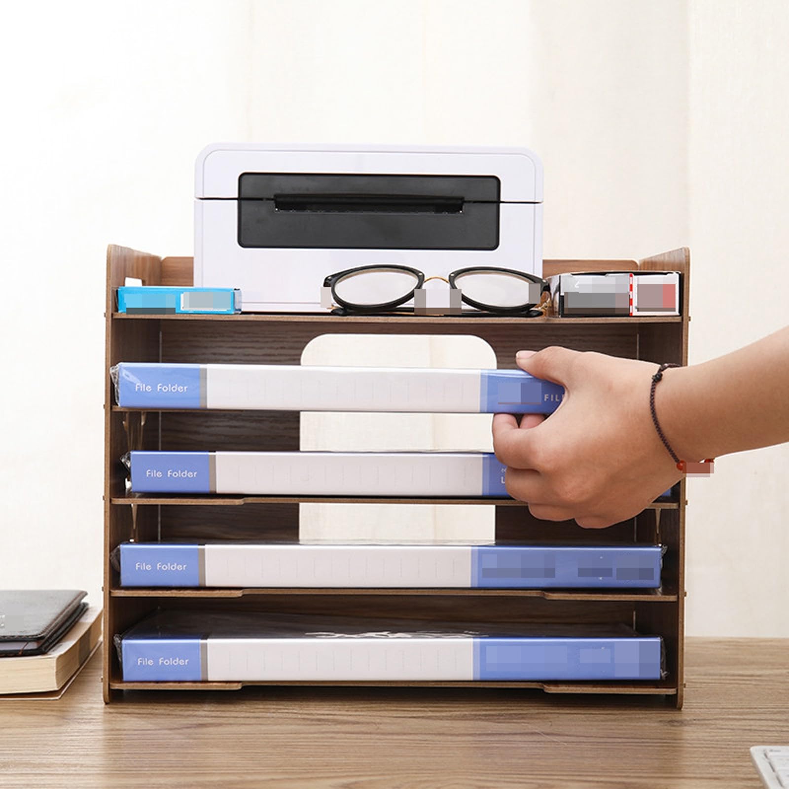 Organizzatore da Scrivania in Legno per Documenti, Lettere e Posta, Scaffale Impilabile per Riporre Documenti e Dispense Stampate in Ufficio(7-Tier_B_Brown)