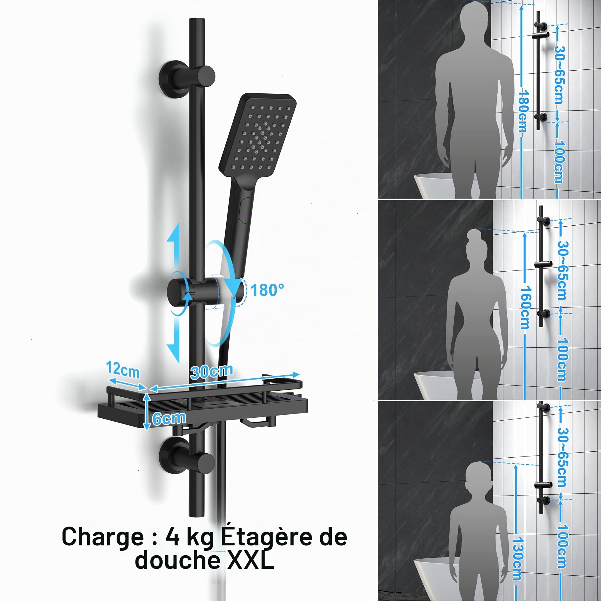 JOHO Barre de douche en acier inoxydable avec support de douchette et fixations murales réglable compatible trous existants, colonne de douche 70 cm avec étagère noir
