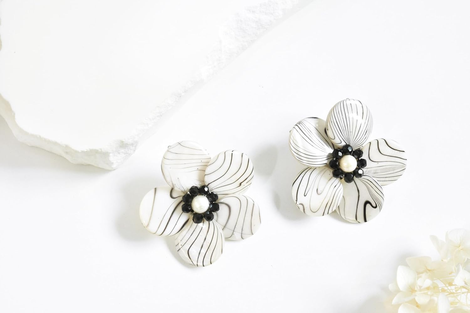 AeraVida Sweet Daisy White Zebra Painted Mother of Pearl and Cultured Freshwater Pearls Clip On Earrings | Zebra Earrings for Women - Image 4