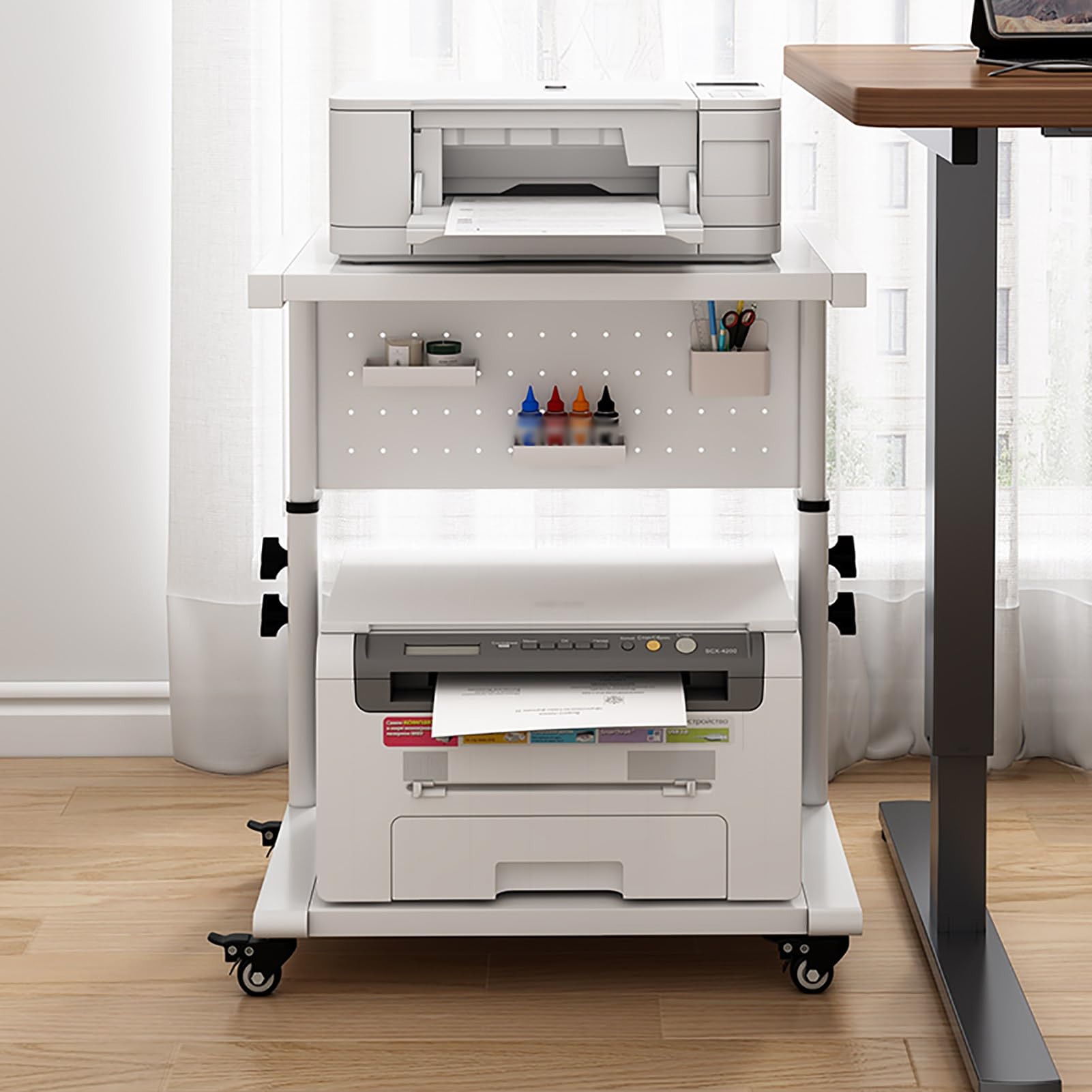 Blanco Mueble Impresora, Mesa Impresora con Tablero Perforado, Carro para Trituradora con Ruedas, para Oficina en Casa