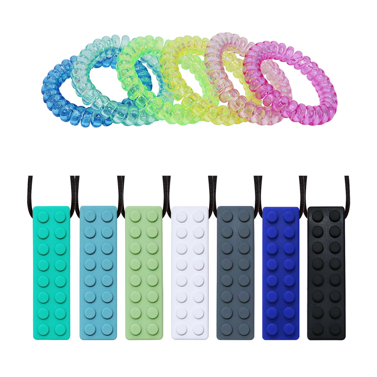 MaberryTech Direct Sensory Stretchy Kids Coil Bracelets 6 Pack & Chew Necklaces for Sensory Kids Boys Girls 7 Pack