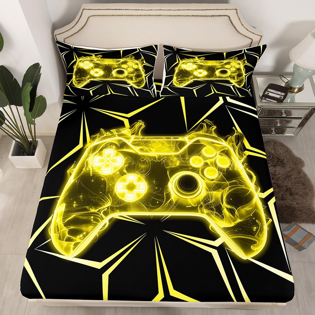 Geometry Gamer Fitted Sheet Queen Size Yellow Neon Lines Gamepad Gaming Bedding Set Cool Video Games Sheet Set,Burning Fire Bed Cover Ultra Soft Breathable Bedspread 3 Pcs for Kids Teens Boys