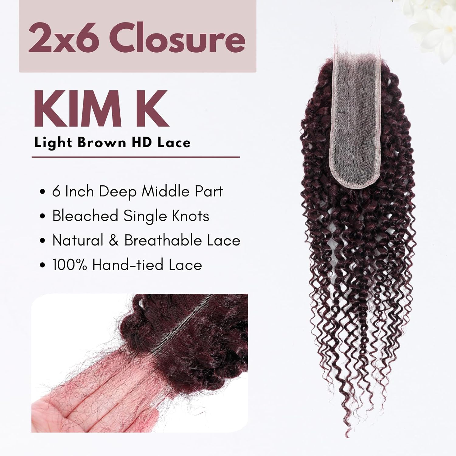 Burgundy Colored Bundles with 2x6 Closure Human Hair 16 18 20+16 Inch, 99J Kinky Curly 3 Bundles with 2 by 6 HD Lace Closure Human Hair Deep Part Dark Burgundy Tight Curls Sew In Quick Weave