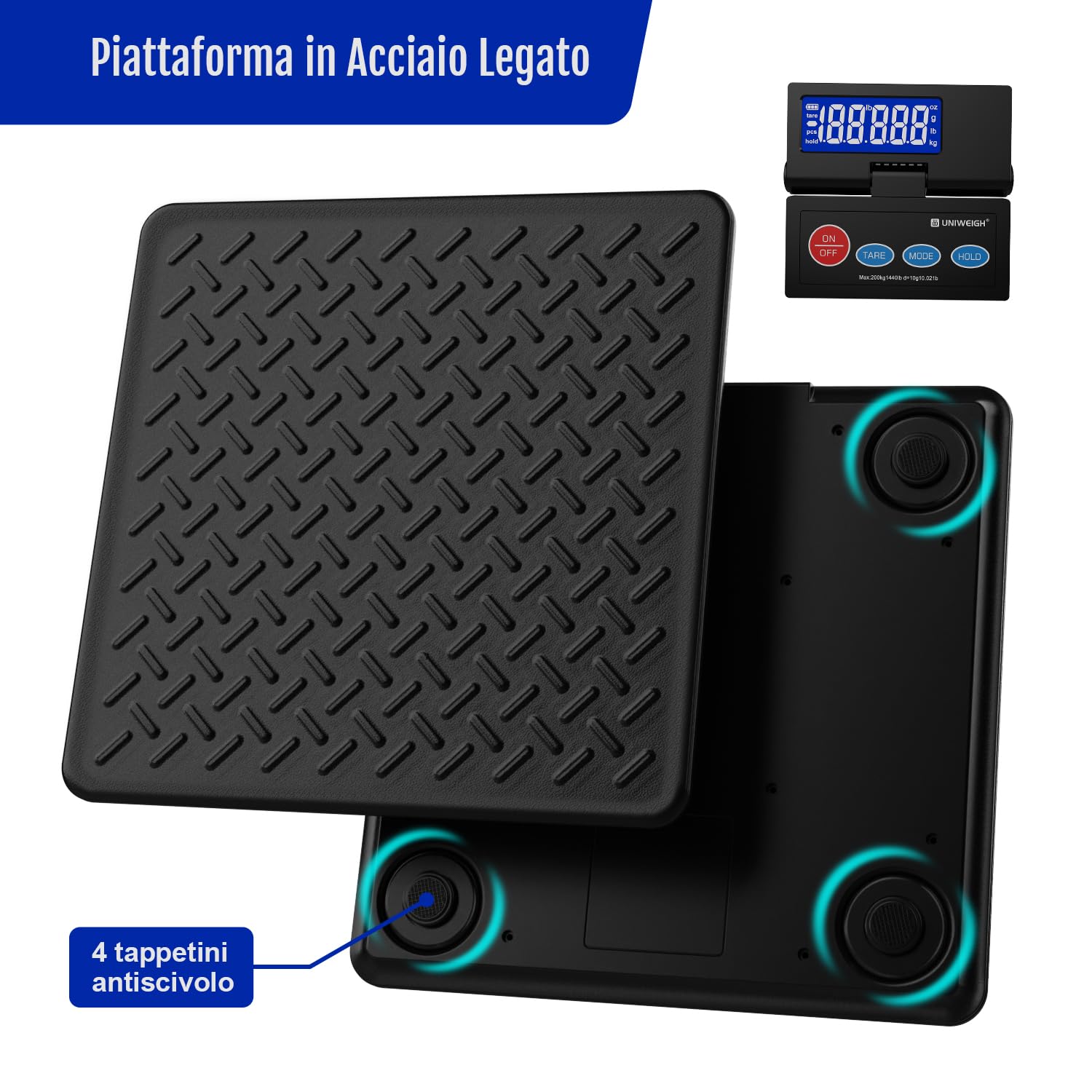 UNIWEIGH Bilancia postale digitale da 440 lb, precisione da 10 g, per pacchetti con LCD retroilluminato, piattaforma in acciaio legato, funzionamento USB-A/batteria, Tara/Hold/Auto-Off, bilancia per