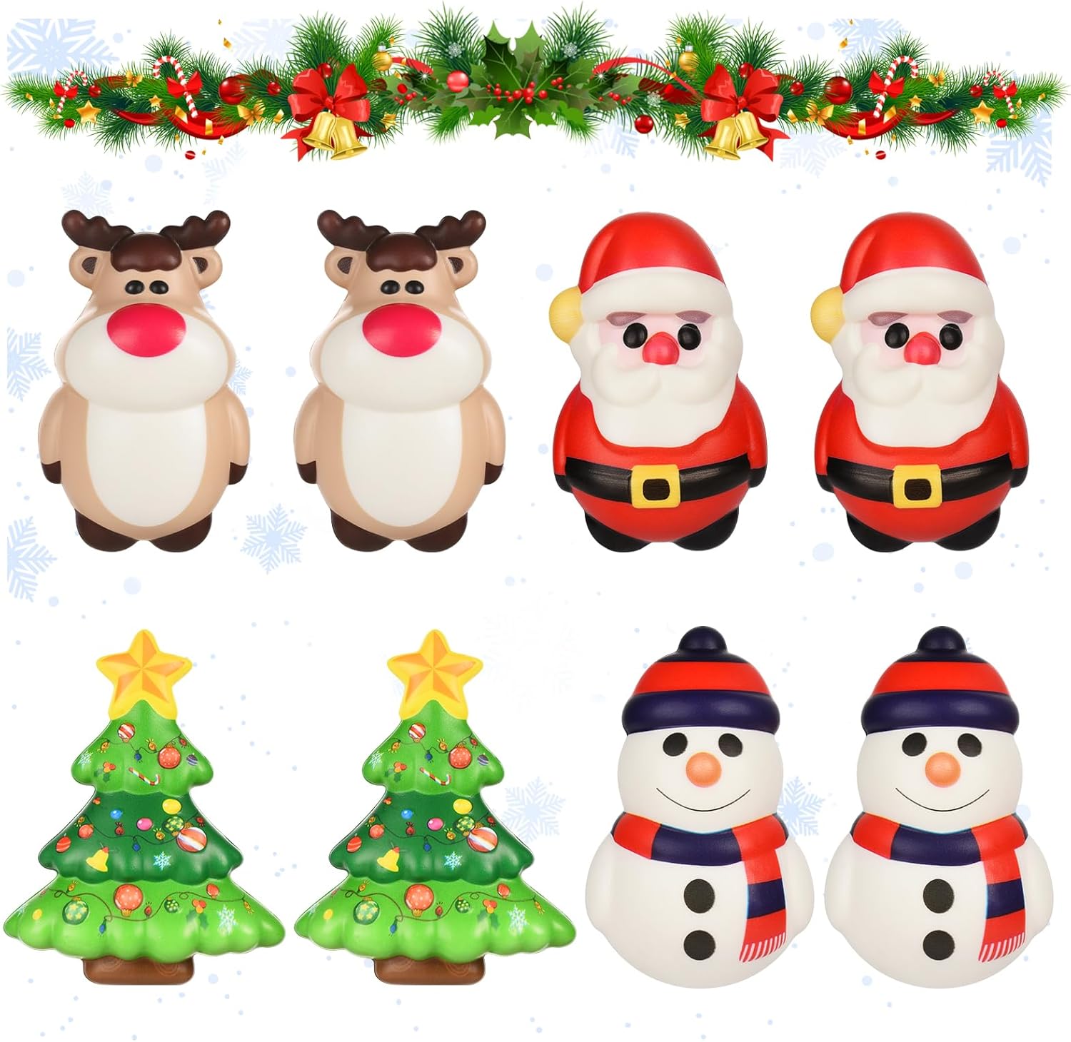 8 Pack Christmas Squishy Toys Soft 4.5IN Christmas Squishies for Kids Includes Santa, Xmas Tree, Reindeer Snowman Decompression Stress Relief Hand Toy (4 Styles)