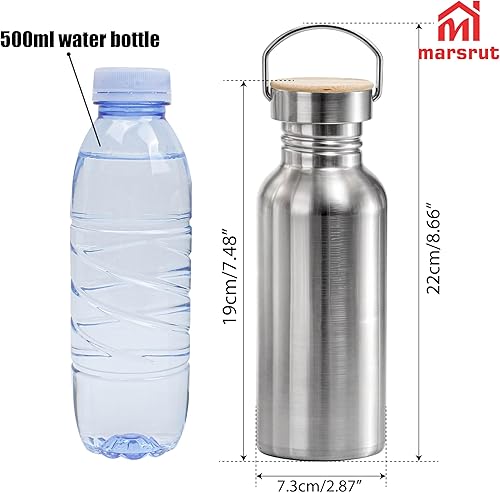 Miniatura 2 de Botella de agua de acero inoxidable sin aislamiento, de una sola pared, lazo de transporte y tapa de madera, 17 onzas, para ciclistas, deportes,