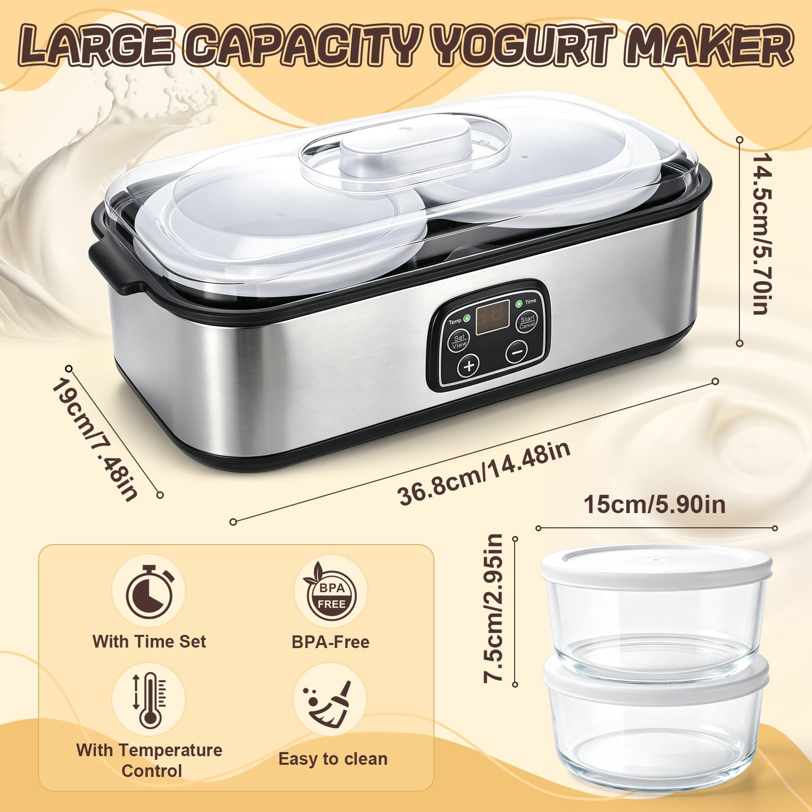 Yogurtiera Elettrica con Lcd Display, Macchina per Yogurt 2l, Yogurtiera con Timer e Controllo Della Temperatura, BPA Free, Yogurt Maker per Yogurt Greco, Formaggio, Natto, Vino Di Riso