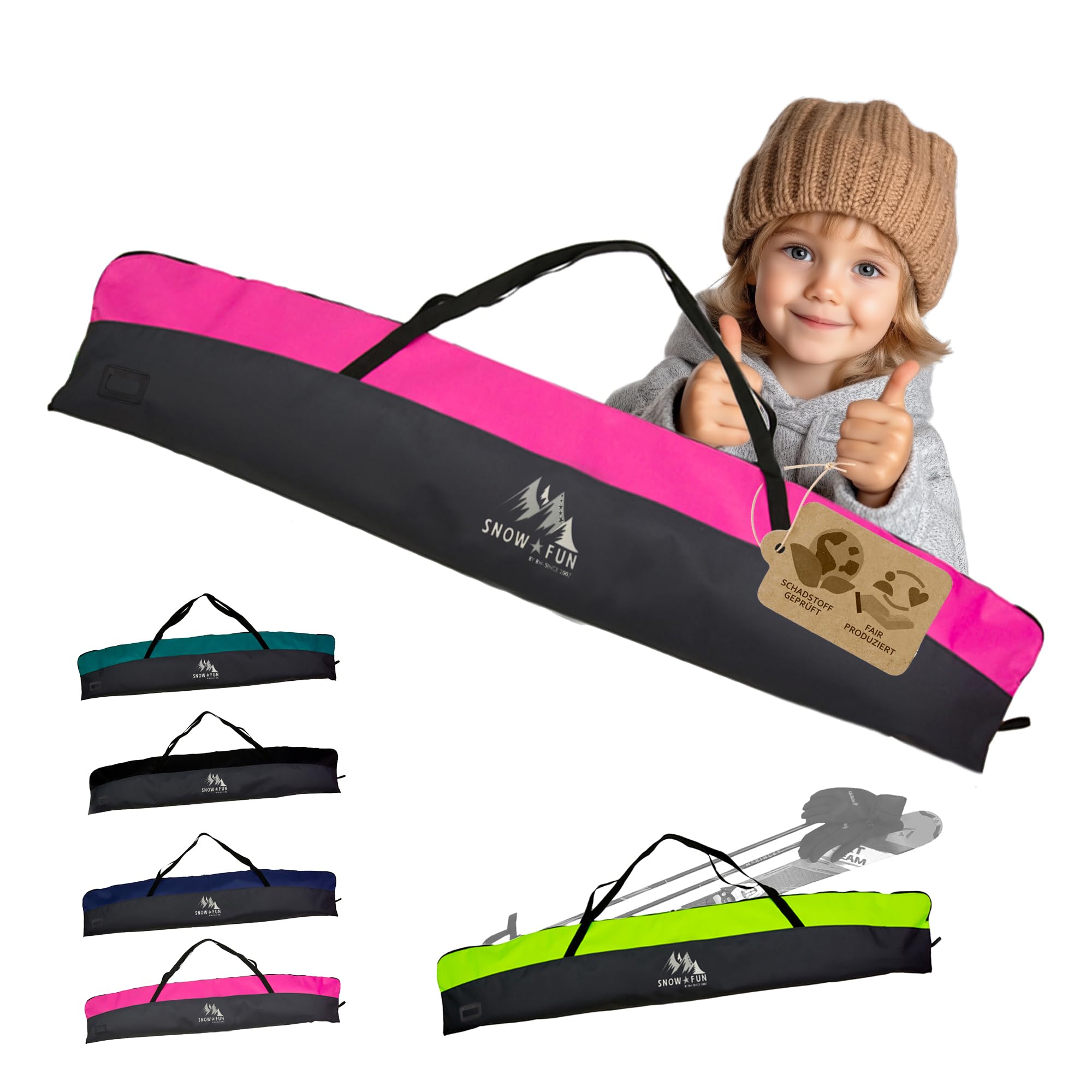 BAMBINIWELT Borsa da sci per bambini – Robusto sacco da sci in Cordura impermeabile per sci, bastoncini e guanti, con cerniera a 2 vie, campo nome e maniglie per il trasporto
