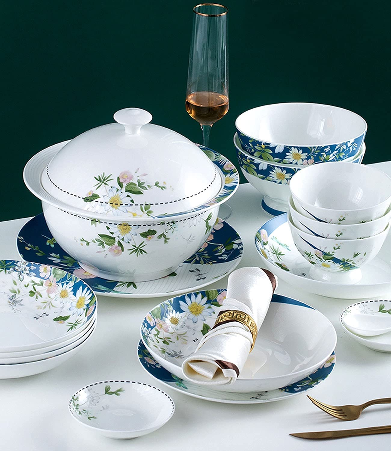 H3TF5J Zestaw stołowy China China, 56-częściowe luksusowe zastawa stołowa, 10-osobowa ceramiczna zastawa stołowa, zastawa stołowa kompatybilna z piekarnikiem mikrofalowym, zastawa stołowa ślubna
