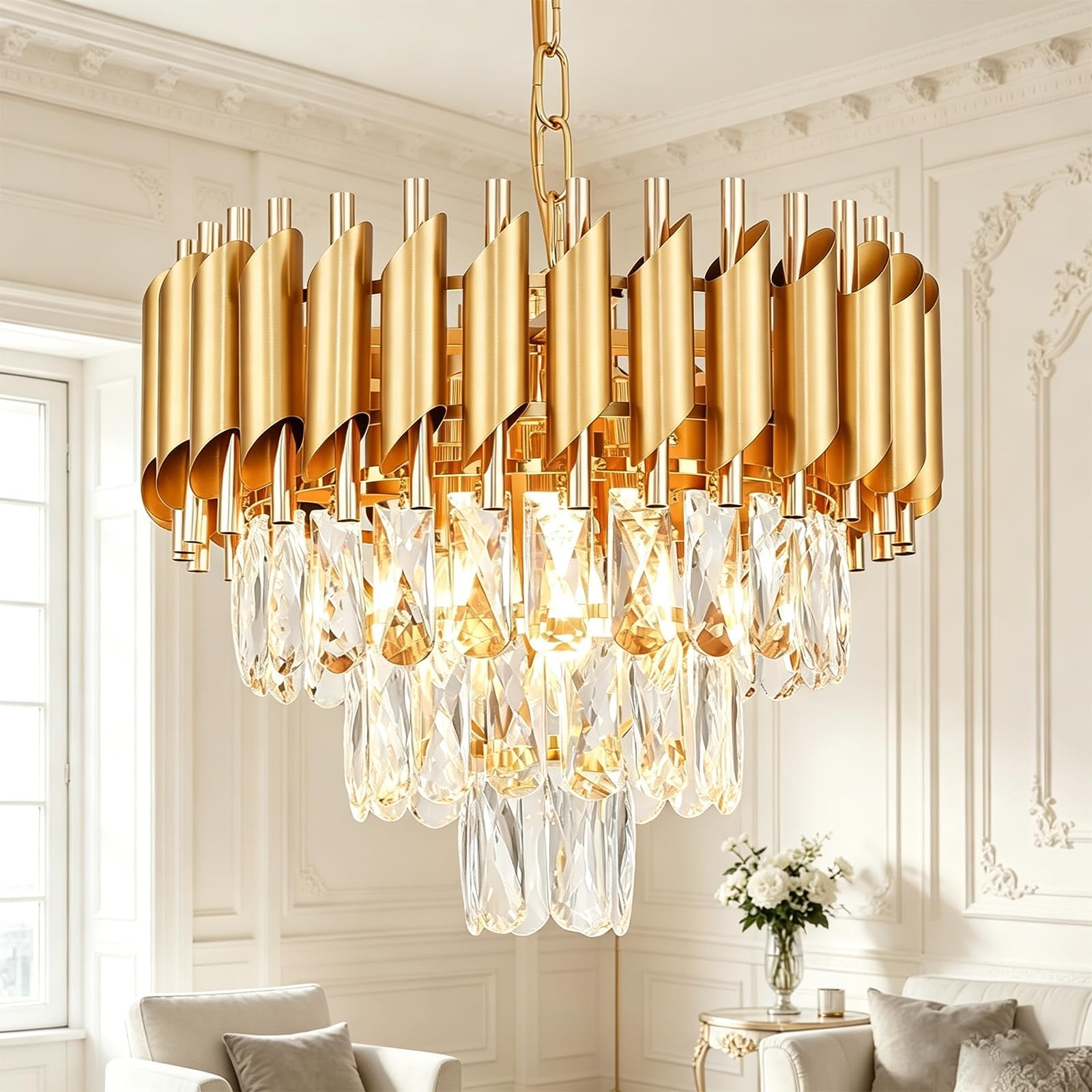 Akmnbdh Gold Chandelier, 5-Light Glam Crystal Chandelier, Modern 3-Tier Raindrop Flush Mount Ceiling Pendant Light Fixture For Living Room Bedroom Dining Room Kitchen Island