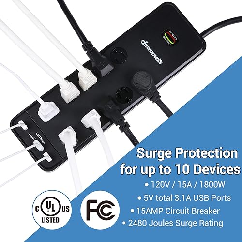 Miniatura 2 de DEWENWILS Regleta de protección contra sobretensiones de 10 salidas con 4 puertos USB