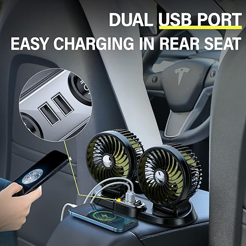Miniatura 5 de Ventilador de 12 V para automóvil, ventilador de encendedor de cigarrillos de viaje con 2 puertos USB, ventilador de 12 voltios 180  hacia arriba