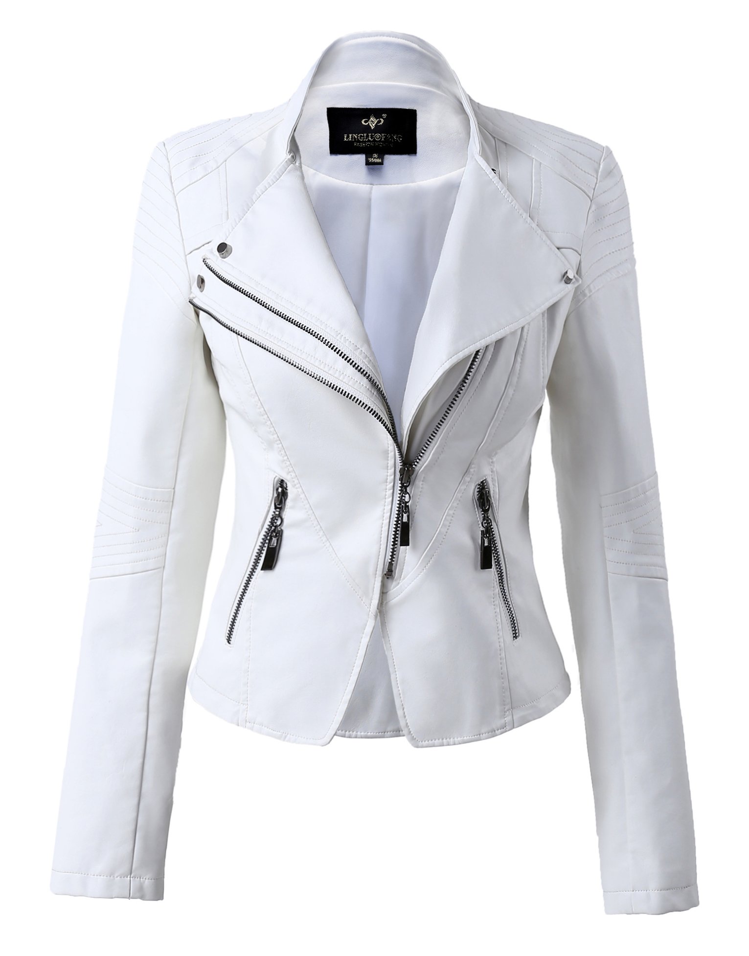 Mooncolour Womens Slim Lapel Faux Leather Zip Up Power Shoulder