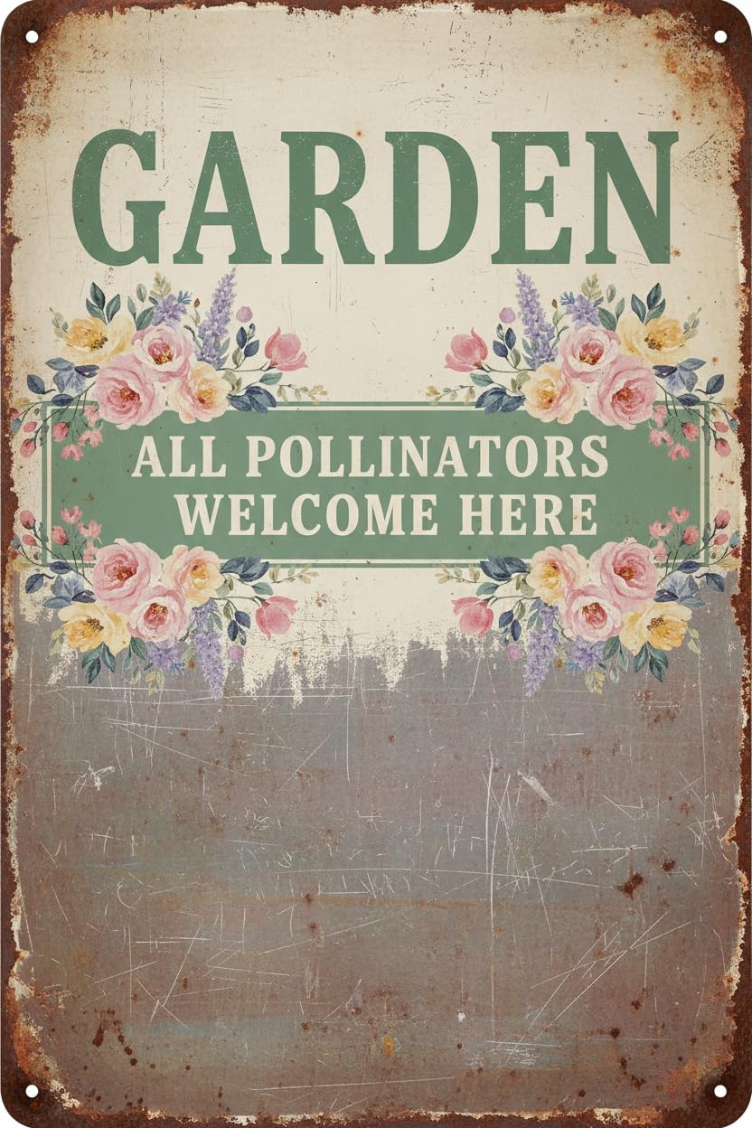Plaque Metal Sign Butterfly Flower All Pollinators Tin Sign Vintage Art Wall Decor Sign for Living Rooms Bedroom Bathroom Garage Decoration 8"x12"
