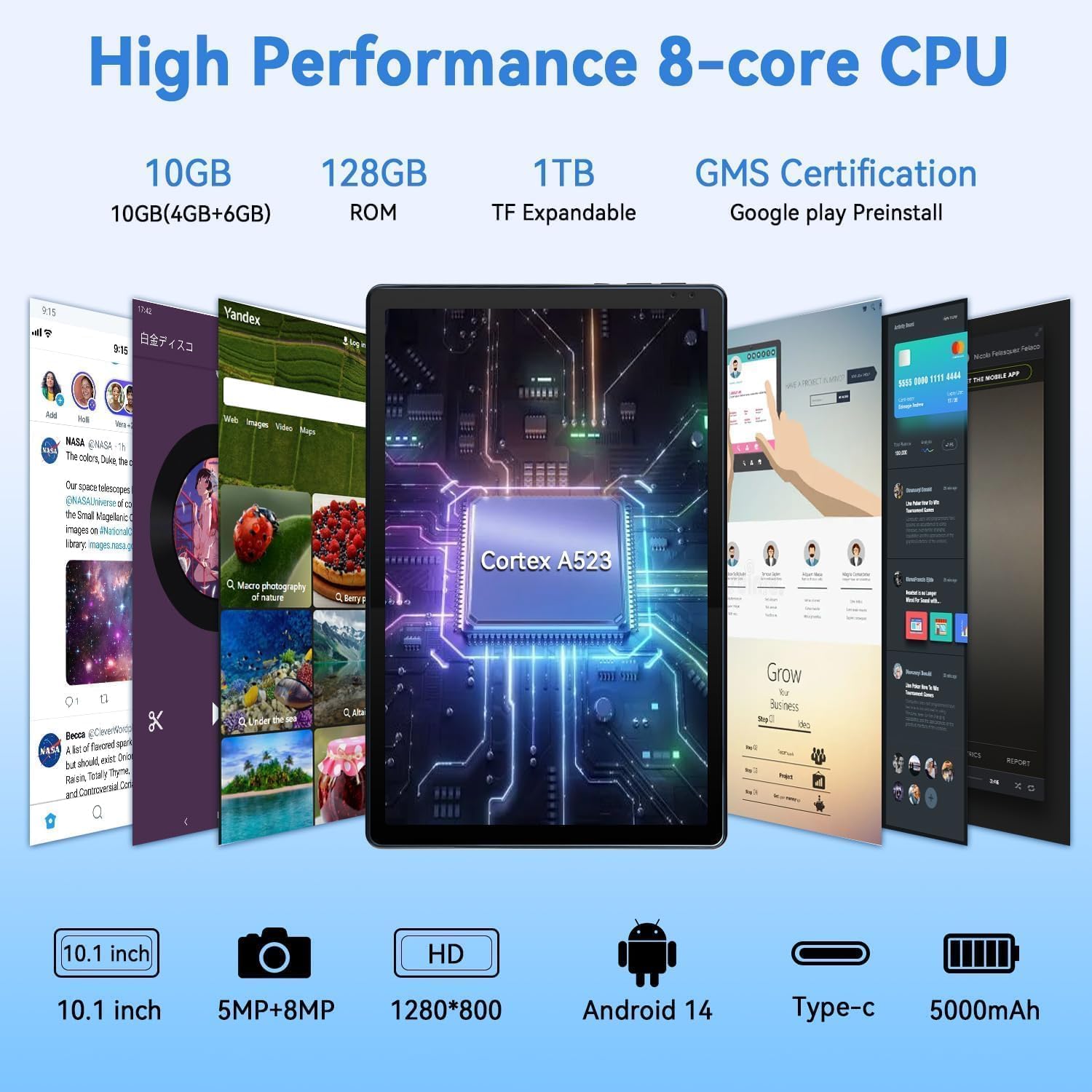 Ainmel Android Tablets, 10.36 Zoll Tablet, 10GB RAM 128GB ROM(1TB TF Expand), Octa Core, 1280 * 800 HD, 5G WiFi 6, BT 5.3, 5000mAh, Widevine L1, Dual Kamera Face ID Tablets Tab Pad (Grau)