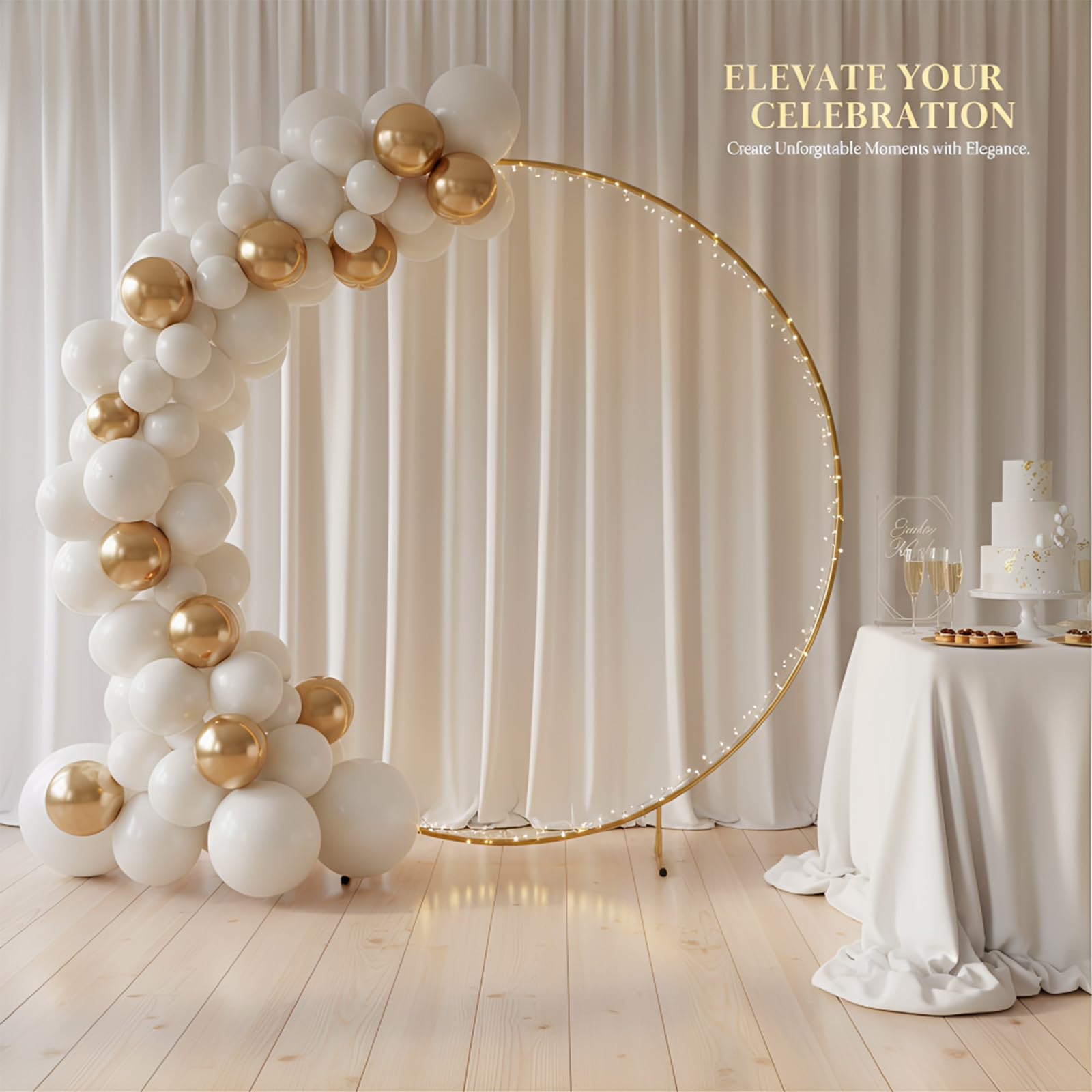 Kit d'arche de ballons ronde en métal doré de 2,2 m - Solide - Réutilisable - Avec sac à eau et accessoires - Pour mariage, anniversaire, fête